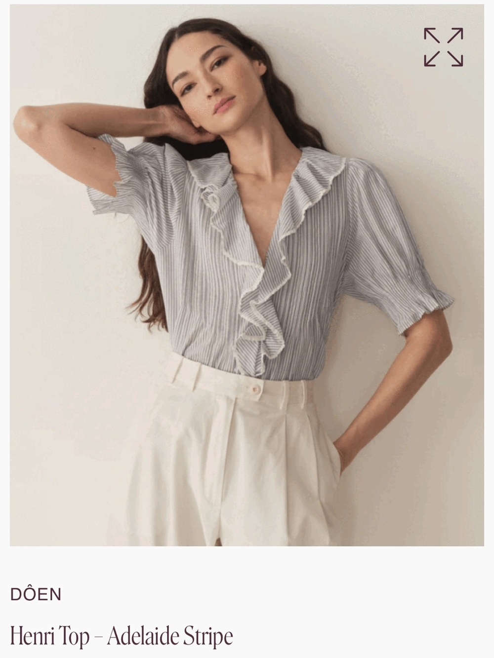 Doen Henri Adelaide Stripe Ruffle V-Neck Top in Light Blue and White